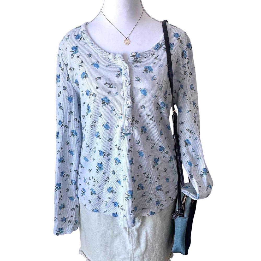 Lucky Brand Floral Henley Waffle Knit Thermal Top Cottagecore Blue Grey Size L